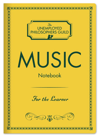A yellow, pocket-sized Pocket Music Notebook with ornate borders by The Unemployed Philosophers Guild, featuring a music reference chart and the subtitle "For the Learner" in elegant script.