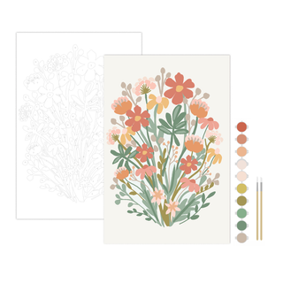 The Wildflowers Meditative Art Paint by Number Kit includes one outlined canvas and one floral-filled canvas, paint pots in assorted colors, and two brushes for a mindful painting experience.