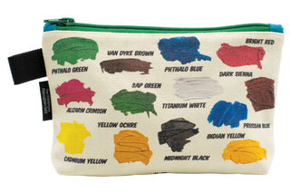 Pouch with color swatches and names on a white background