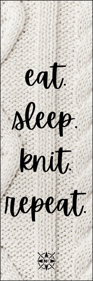 Cream-colored knitted fabric background with “eat. sleep. knit. repeat.” in black script, knitting needles and yarn symbol—these Printable Bookmarks for Knitters make a perfect digital PDF for knitting fans to print and use.