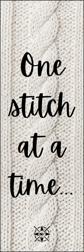 A cream-colored cable knit background displays the black script text "One stitch at a time..." Ideal for Printable Bookmarks for Knitters, with a small knitting needles and NK logo at the bottom.