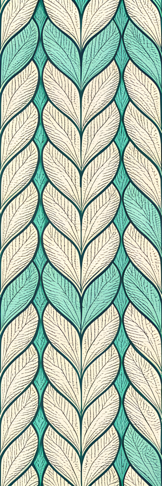 Seamless pattern of stylized leaves in teal and beige with fine black vein details, creating an organic, hand-drawn look. Ideal for printable Holiday Bookmarks for Knitters or as a digital bookmark PDF.